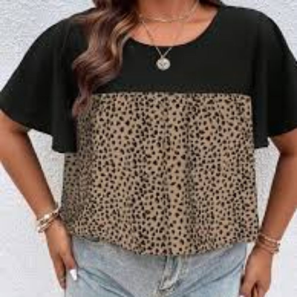Shein Black & Tan Leopard Print Top, Short Flounce Sleeves,  Size 4X